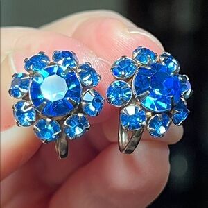 Sparkly Vintage Cobalt Blue Rhinestone Cluster Flower Screwback Earrings